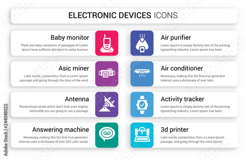 Set of 8 white electronic devices icons such as baby monitor, asic miner, Antenna, answering machine, Air purifier, conditioner isolated on colorful background