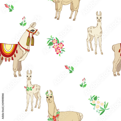  Llamas with flowers. Hand drawn seamless pattern