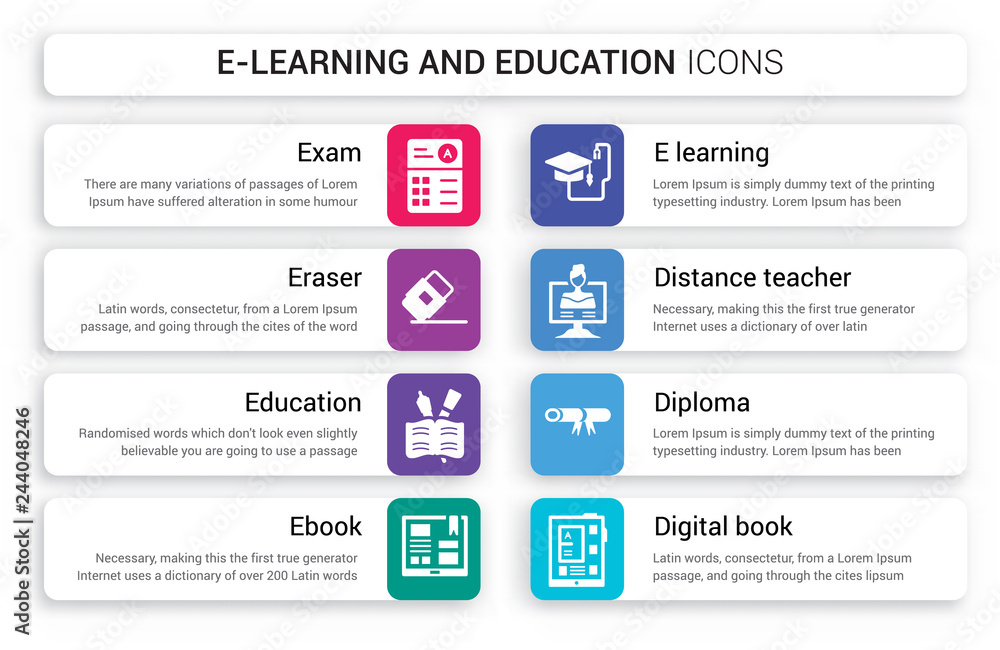 Set of 8 white e-learning and education icons such as Exam, Eraser ...