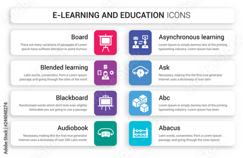 Set of 8 white e-learning and education icons such as Board, blended learning, Blackboard, Audiobook, Asynchronous Learning, Ask isolated on colorful background
