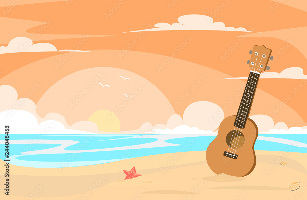 Fototapeta ukulele in the beach at the evening flat design