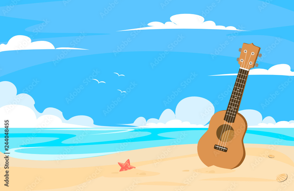 Fototapeta ukulele in the beach in blue sky day