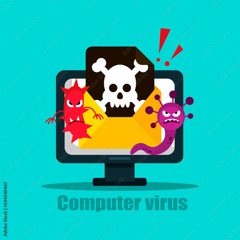 Laptop with envelope and skull on the screen. Concept of virus, piracy, hacking and security. Flat vector illustration