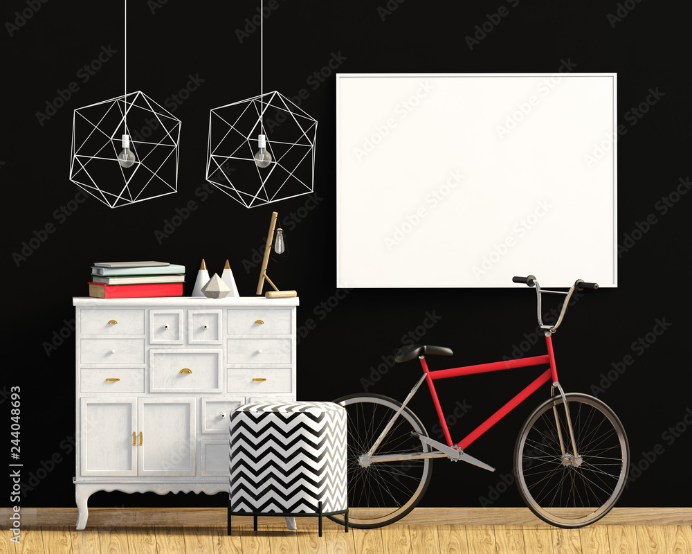 Fototapeta premium Modern interior with dresser. Poster mock up. 3d illustration.