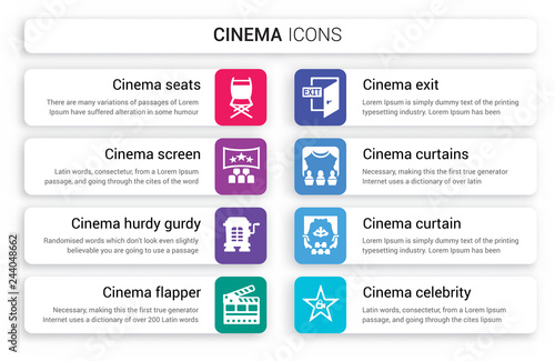 Set of 8 white cinema icons such as Cinema seats, screen, hurdy gurdy, flapper, exit, curtains isolated on colorful background photo