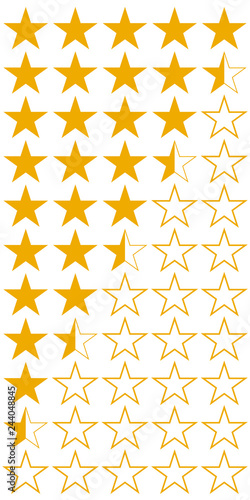 Five 5 stars product quality rating set icons, vector yellow flat stars with half  hotels and wine, quality rating of service booking