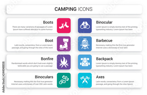 Set of 8 white camping icons such as Boots, Boot, Bonfire, Binoculars, Binocular, Barbecue isolated on colorful background