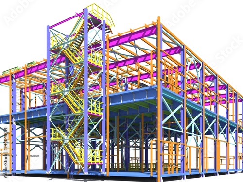 Building Information Model of metal structure. 3D BIM model. The building is of steel columns, beams, connections, etc. 3D rendering. Engineering, industrial, construction BIM background. photo