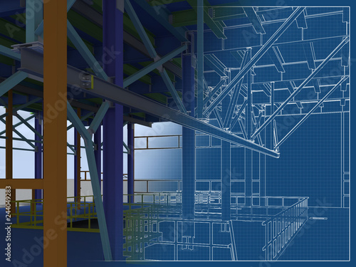 Building Information Model of metal structure. 3D BIM model. The building is of steel columns  beams  connections  etc. 3D rendering. Engineering  industrial  construction BIM background.