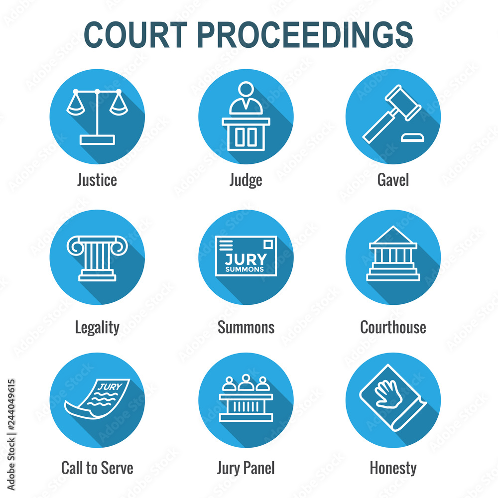 Law and Legal Icon Set with Judge, Jury, and Judicial icons