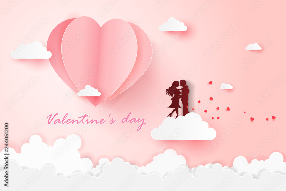 Happy valentine's day with heart balloon float sky and Couple stand over the cloud,Paper art style.