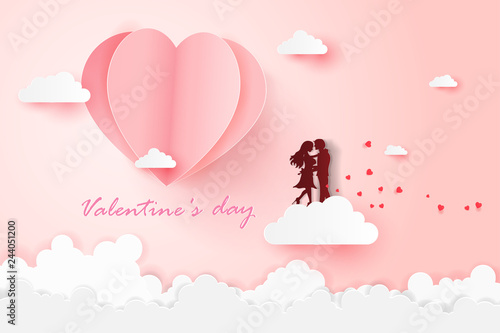 Happy valentine's day with heart balloon float sky and Couple stand over the cloud,Paper art style.