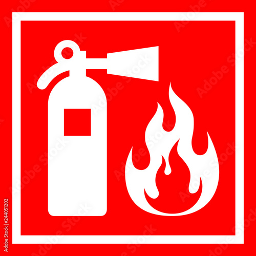 Fire safety red banner isolated on white background. Fire extinguisher and flame symbols. Vector illustration 