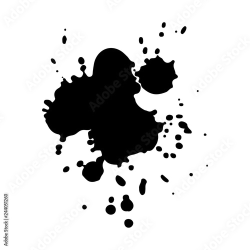 Black monochrome ink or paint blots grunge background. Texture Vector. Dust overlay distress grain. Black splatter, dirty, poster for your design. Isolated on white background. Vector illustration.