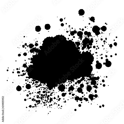 Black monochrome ink or paint blots grunge background. Texture Vector. Dust overlay distress grain. Black splatter, dirty, poster for your design. Isolated on white background. Vector illustration.