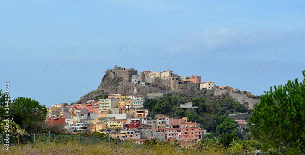 Tight view of the hilltop castle of Castelsardo, a coastal historical town in the province of Sassari, in the Italian island of Sardinia