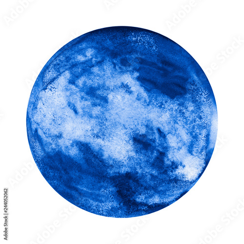 Watercolor painting of blue celestial object isolated on white background