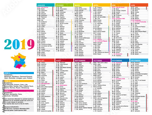 Calendrier 2019 dégradé de couleurs. Vacances scolaires et jours fériés. Vectoriel.