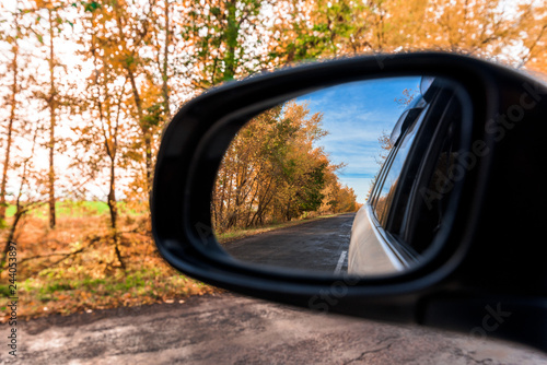 autumn forest is reflected in the rear-view mirror of the car © Taranova_ksenya