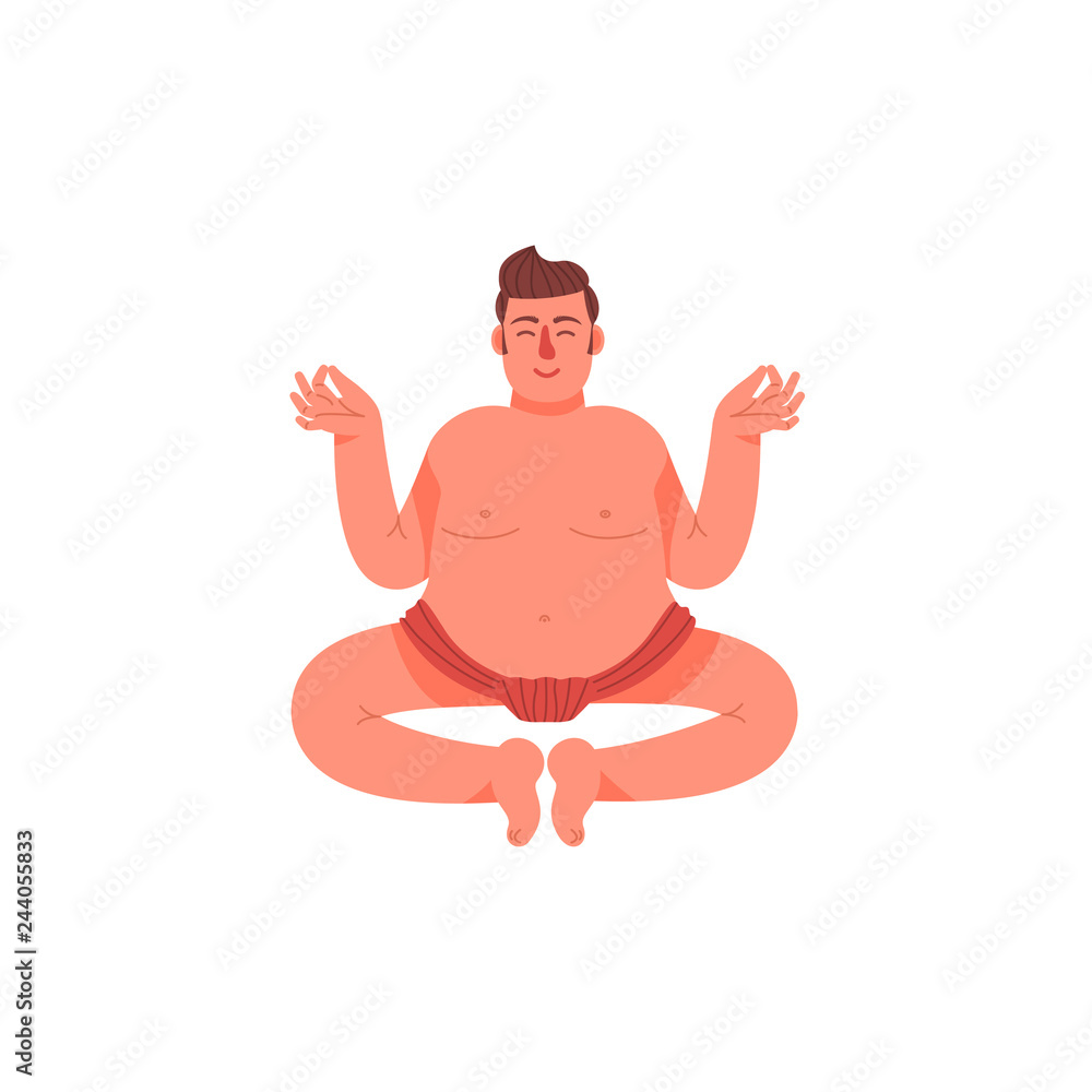 A fat man sits in a lotus pose in a loincloth. A fat young man sits in a pose of meditation. Vector illustration. A fat man sits in a lotus pose in a loincloth. A fat young man sits in a pose of meditation. Vector illustration.