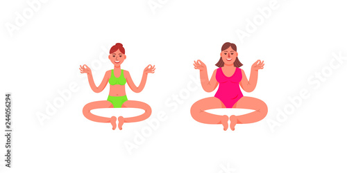 Slim girl and girl size plus. Two girls are sitting in the lotus position. Two girls do yoga. Vector illustration in cartoon style.