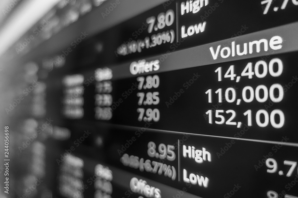 Stock exchange market in black and white on LED screen. Finance and economic concept. Stock exchange market in black and white on LED screen. Finance and economic concept.