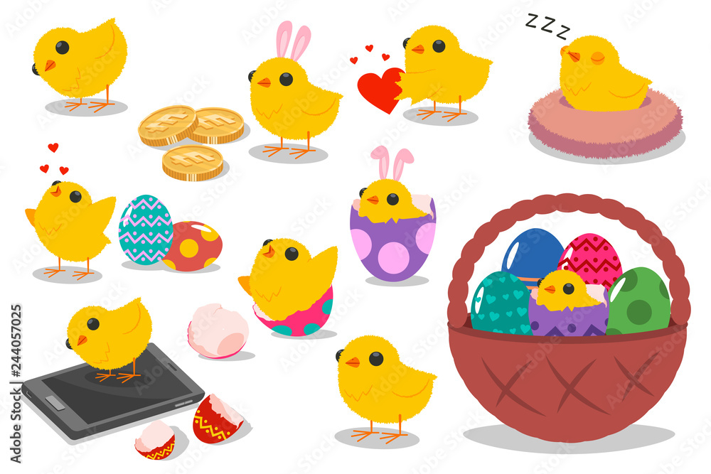 Cute Easter chicks characters. Vector cartoon set of funny holiday chicken with eggs, basket and bunny ears isolated on white background.