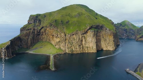 4K Aerial Vestmannaeyjar Heimaey Boat Port Iceland