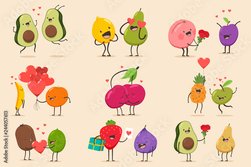Funny cartoon couples character of avocado, banana, pineapple, fig, pear, cherry, apple, lime, lemon, pear, peach. Valentine day vector concept illustration with cute fruits isolated on background.