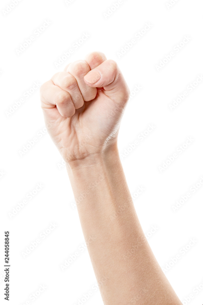 Female hand isolated on white background. White woman's hand showing symbols and gestures. Fist