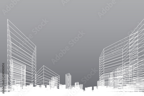 Abstract wireframe city background. Perspective 3D render of building wireframe. Vector.