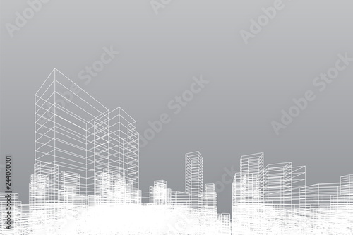 Fototapeta Naklejka Na Ścianę i Meble -  Abstract wireframe city background. Perspective 3D render of building wireframe. Vector.