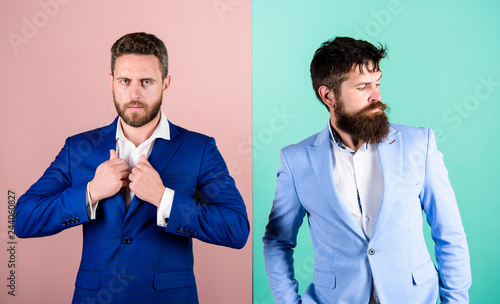 Business people fashion and formal style. Business partners with bearded faces. Business fashion luxury menswear. Formal outfit for manager. Businessman stylish appearance jacket pink blue background
