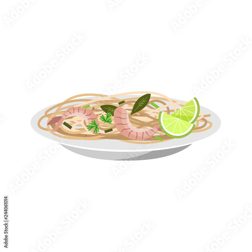 Pad Thai Fried Noodles With Shrimp vector illustration on the white background. Thailand's national dishes, stir-fried rice noodles (Pad Thai) icon.