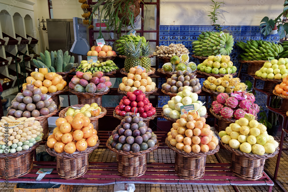 Fresh exotic fruits on famous market in Funchal (Mercado dos Lavradores), Madeira island