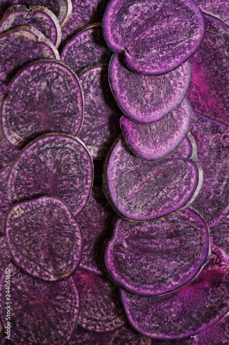 Purple potatoes sliced background in full frame