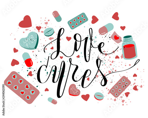  inprint love cures in center with heart shaped pills and other meds, vector