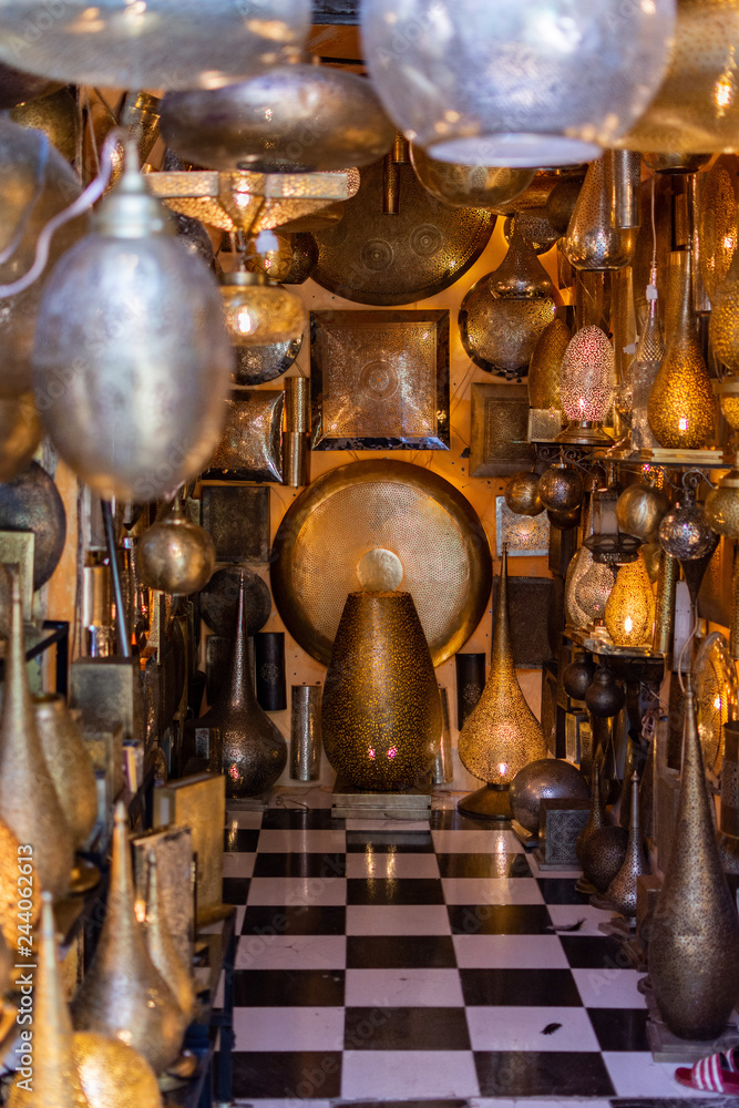 metal crafts in Marrakech. Gold, silver and copper lamp pieces metal crafts in Marrakech. Gold, silver and copper lamp pieces