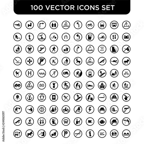 Set of 100 Vector icons such as Caution, Restroom, WC, Information, No Smoking, Parking, Food, Mining work zone, Pets, School bus stop