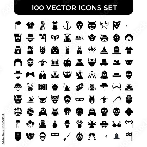 Set of 100 Vector icons such as Confetti, Knight, Zorro, Drinks, Hockey mask, Broomstick, Mask, Helmet, Bear, Doctor