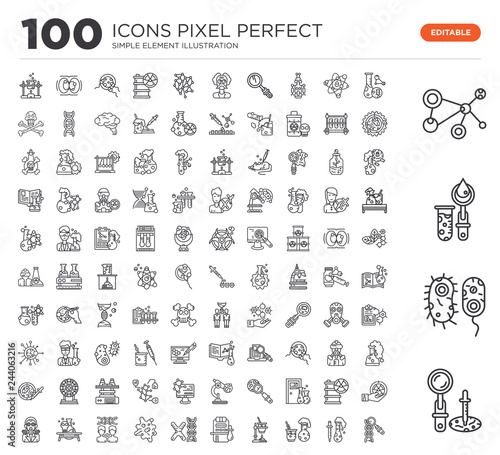 Set of 100 linear icons such as Science, Bacteria, Test tube, Cell, Cell division, Chemistry, Chemical reaction, Experiment, Chromosome