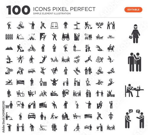 Set of 100 icons such as Talking, Eating, Gossip, Shopping, Drinking, Washing, Cab, Ironing, Teeth brush, Work