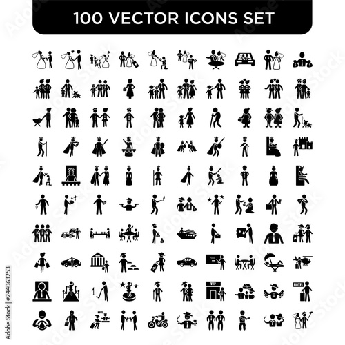 Set of 100 Vector icons such as Rich  Rich people  Poor  Bodyguard  Motorcycle  Event  Hotel  Driver