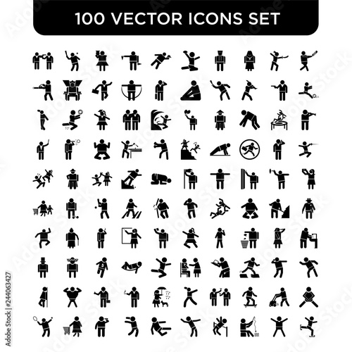 Set of 100 Vector icons such as Bats man, Man with open arms, Fisher fishing, practicing high jump, dancing, Karate fighter, Jumping Man, drinking, Woman Shopping Cart, Tennis player