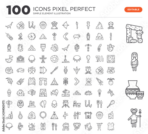 Set of 100 linear icons such as Troglodyte, Pottery, Dolmen, Bonfire, Saber toothed tiger, Mammoth, Axe