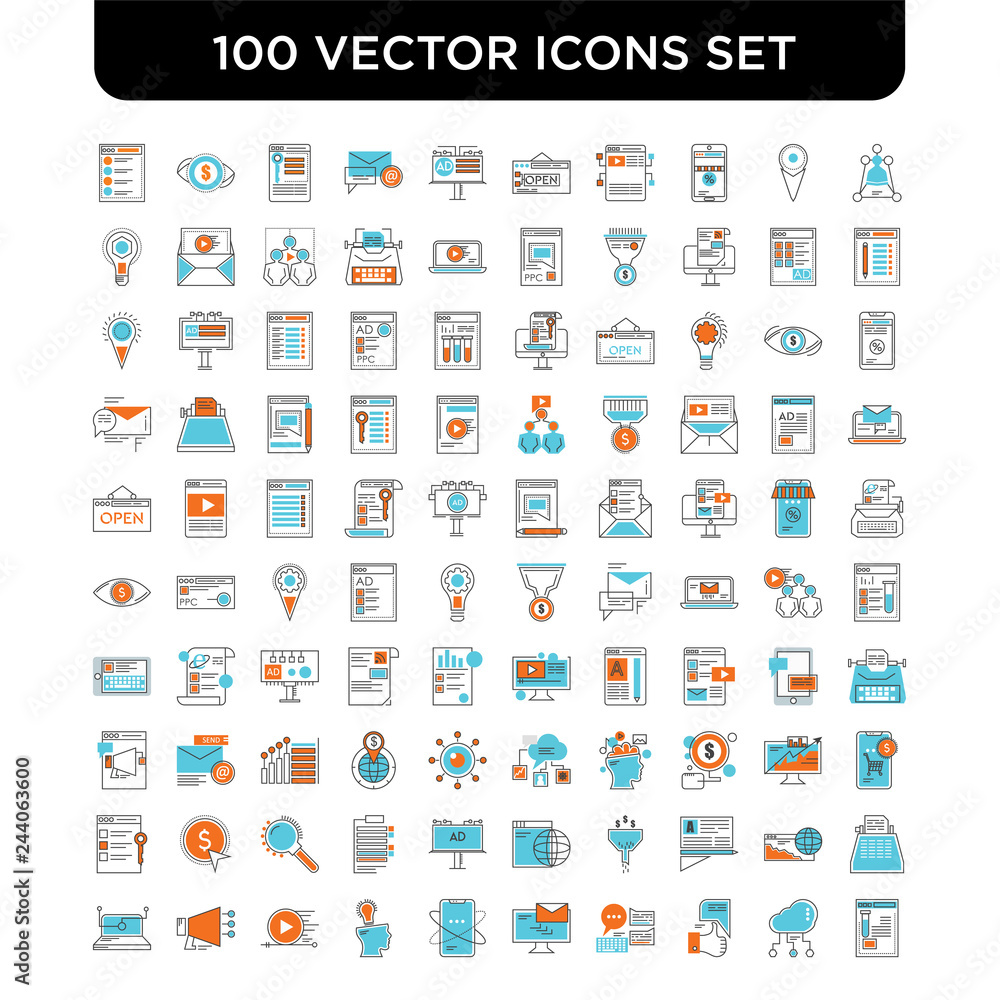 Set of 100 Vector icons such as Networking, Cloud computing, Social network, Comment, Email, Smartphone, Idea, Video player, Announcer, Laptop Set of 100 Vector icons such as Networking, Cloud computing, Social network, Comment, Email, Smartphone, Idea, Video player, Announcer, Laptop
