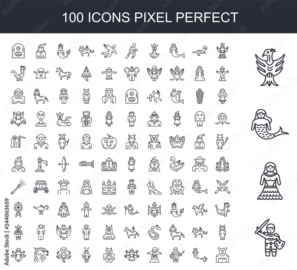 100 line icon set. Trendy thin and simple icons such as Knight, Princess, Mermaid, Phoenix, Angel, Genie, Warrior, Wizard, Fairy, Monster 100 line icon set. Trendy thin and simple icons such as Knight, Princess, Mermaid, Phoenix, Angel, Genie, Warrior, Wizard, Fairy, Monster
