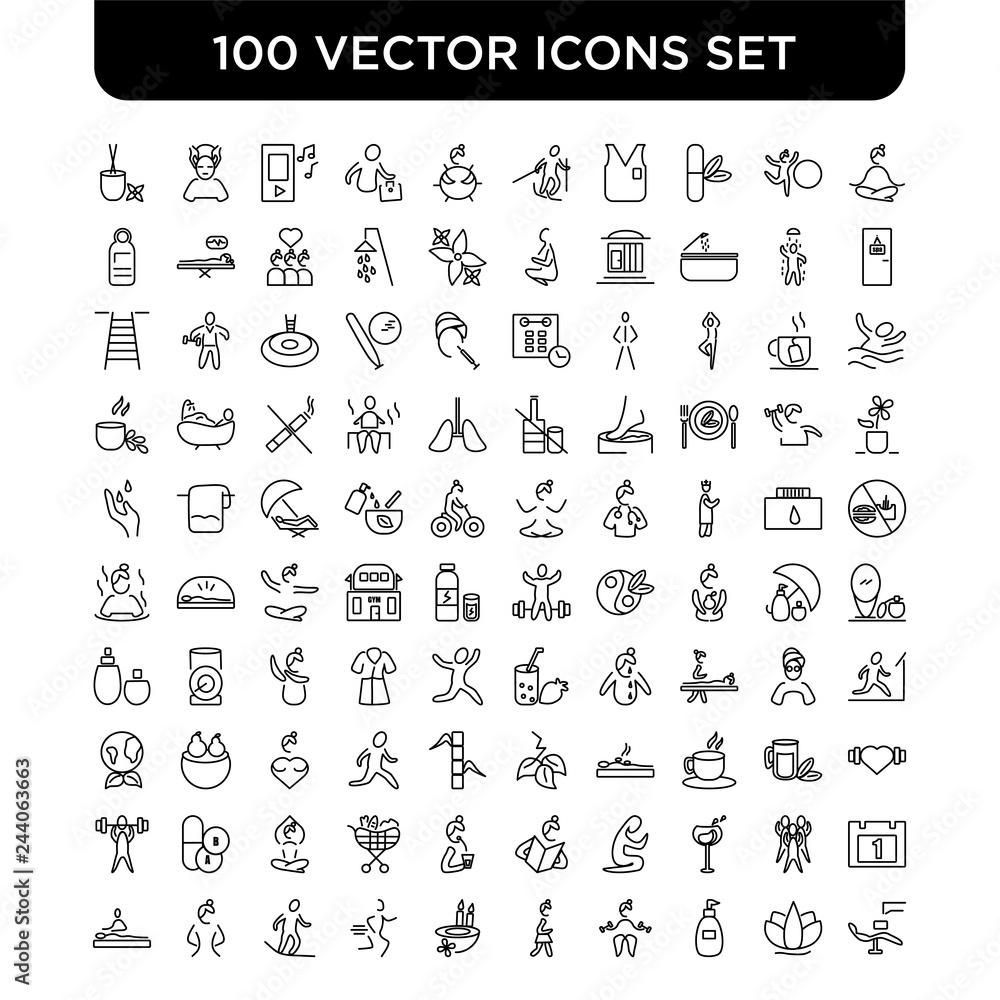 Outline set of 100 Vector line icons such as Meditation, Lotus, Skincare, Fitness, Walking, Spa, Running, Surfing, Weight Loss, Treatments Outline set of 100 Vector line icons such as Meditation, Lotus, Skincare, Fitness, Walking, Spa, Running, Surfing, Weight Loss, Treatments