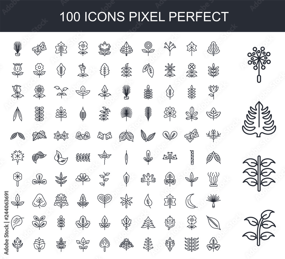 Fototapeta premium 100 line icon set. Trendy thin and simple icons such as Leaf, Pollen, Leaf