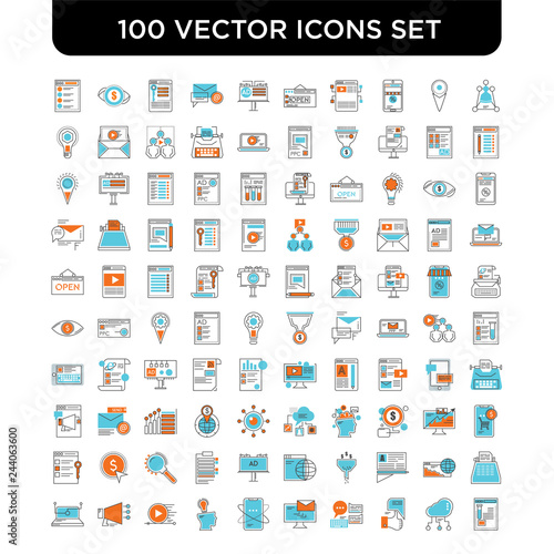 Set of 100 Vector icons such as Networking, Cloud computing, Social network, Comment, Email, Smartphone, Idea, Video player, Announcer, Laptop